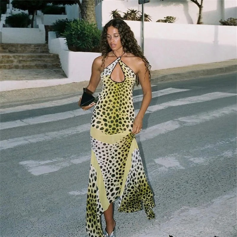 Point Irregularly Maxi Dress Cross Halter Hollow Backless
