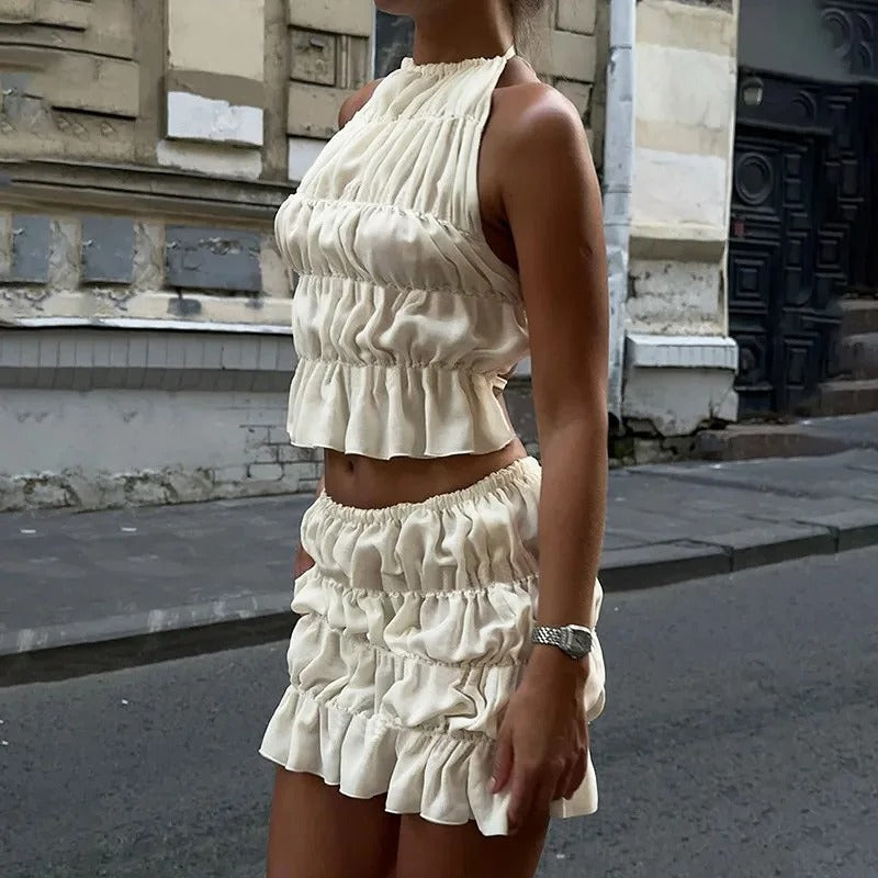 Ruched Two Piece Set Backless Camisole Mini Skirt
