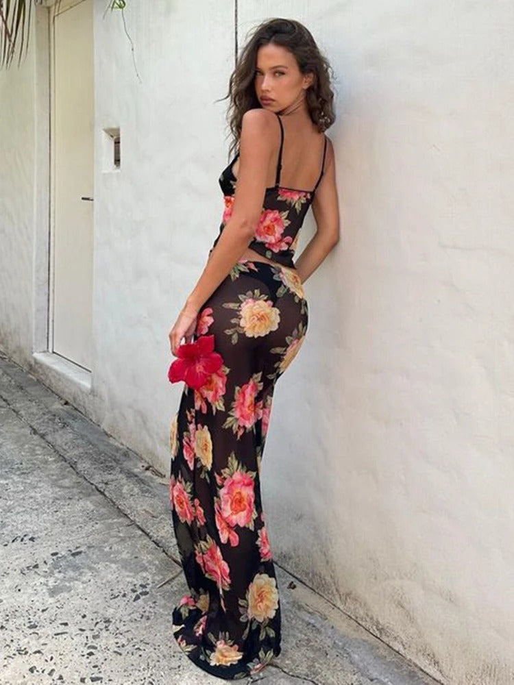 Sheer 2Piece Set Side Split Slim Long Skirt V Neck Camisole Ladies Matching Suits