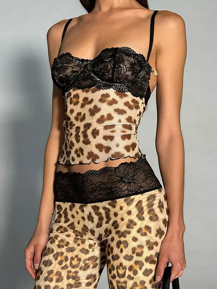 Leopard Patchwork Mesh Two Piece Set