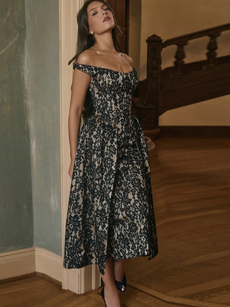 Black Floral Backless Midi Dress