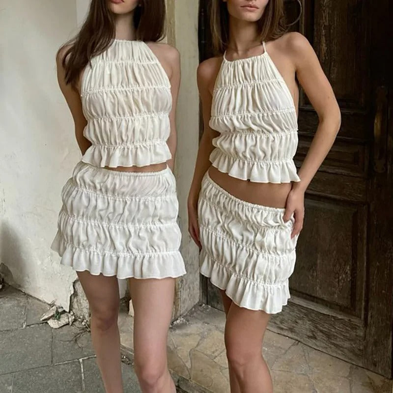 Ruched Two Piece Set Backless Camisole Mini Skirt
