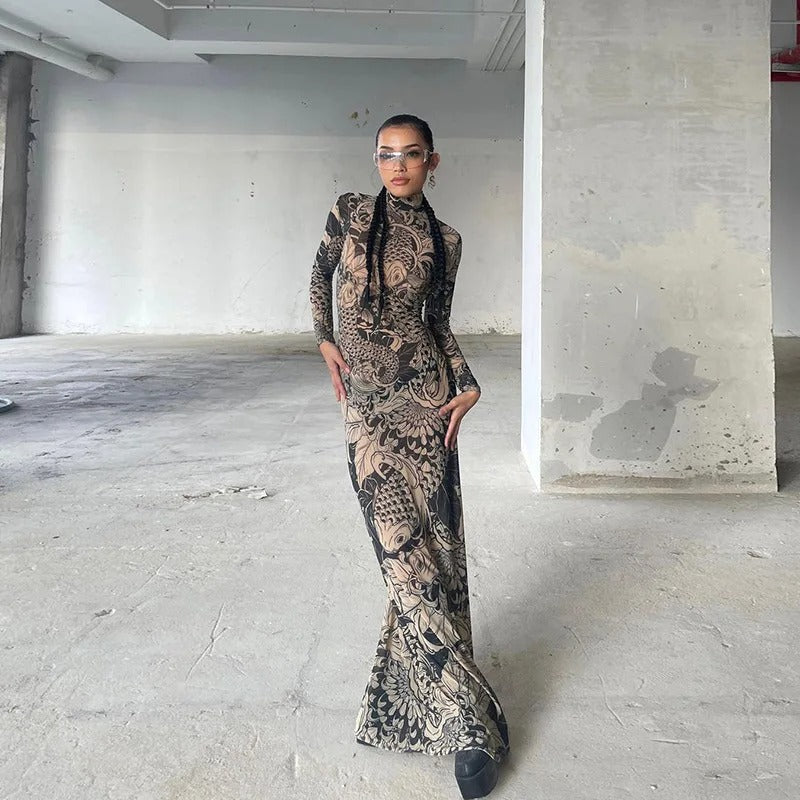 Mesh Maxi Dress Sheer Long Sleeve Stand Neck Thin Bodycon