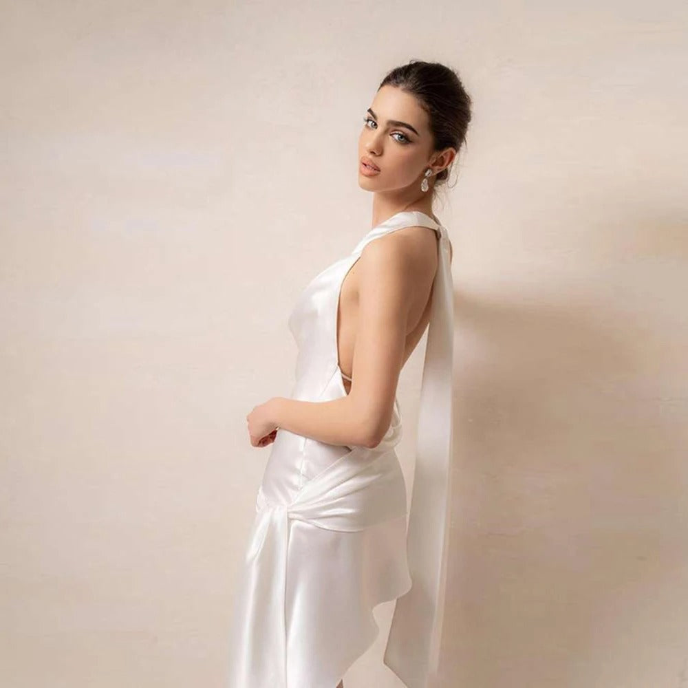 Swing-Collar Ruffles Backless Ribbon Flower Dress