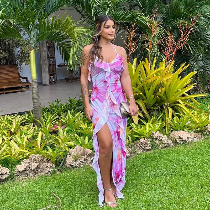 Flower Dress Strapless Splits Irregular Tassel Patchwork Backless