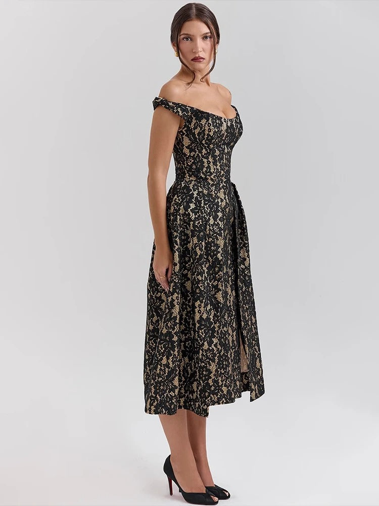 Black Floral Backless Midi Dress