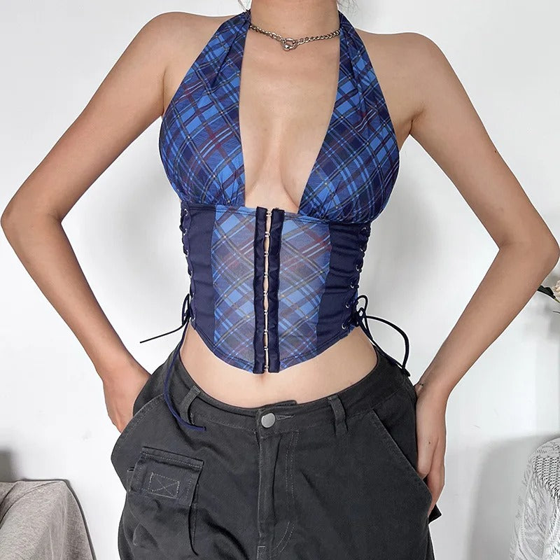 Bandage Button Top Plaid Print Deep V-Neck Halter Wild Hipster