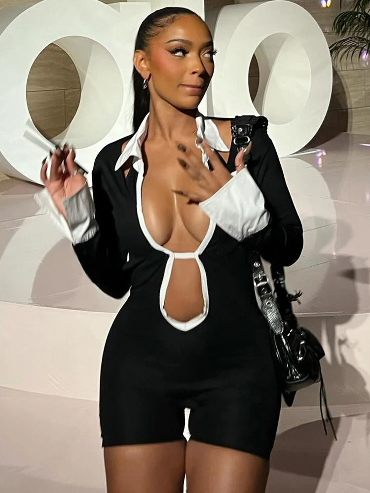 Panelled Hollow Out Playsuits Lapel Deep V-neck Full Sleeve Backless Rompers Street