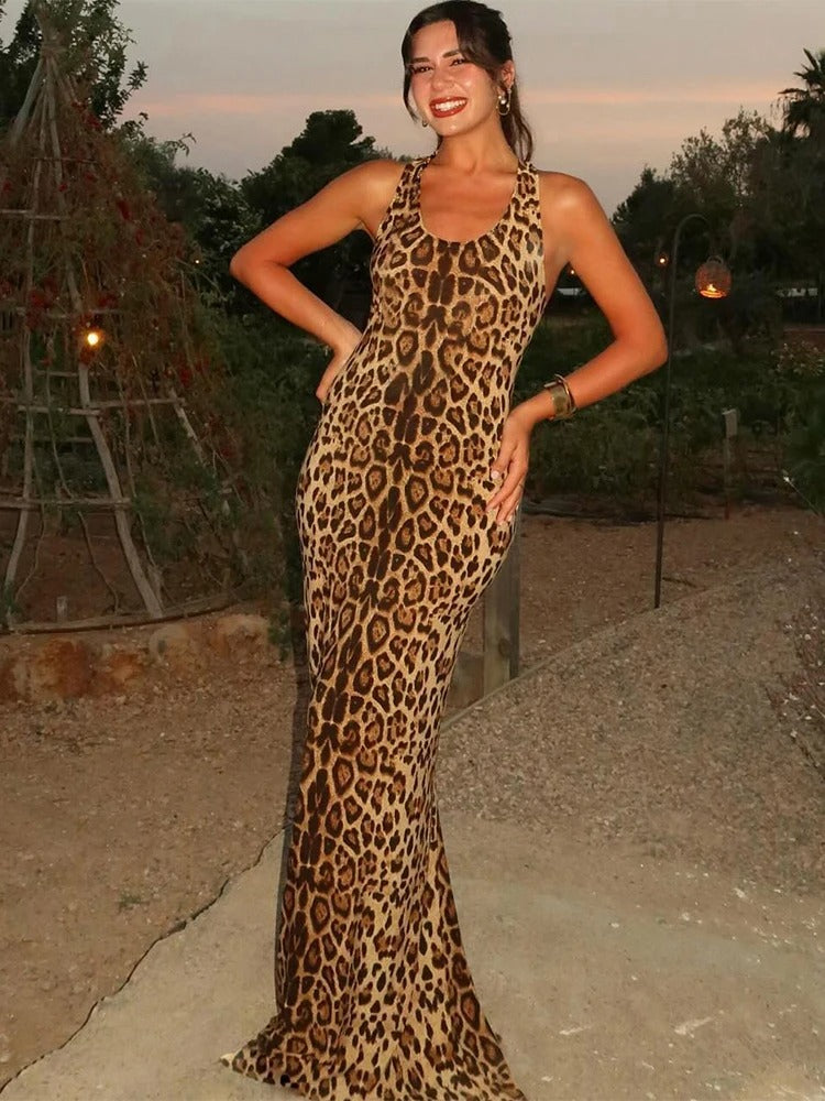 Leopard Backless Bodycon Maxi Dress