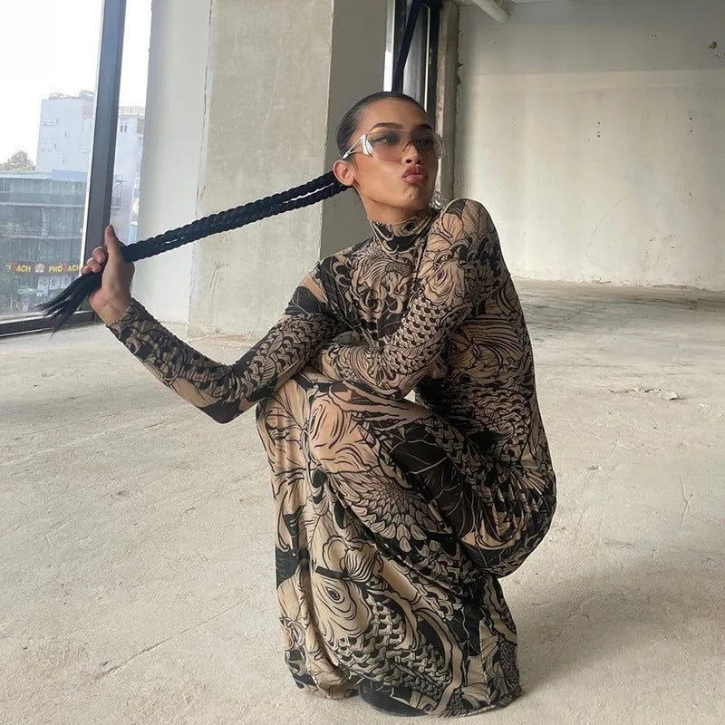 Mesh Maxi Dress Sheer Long Sleeve Stand Neck Thin Bodycon