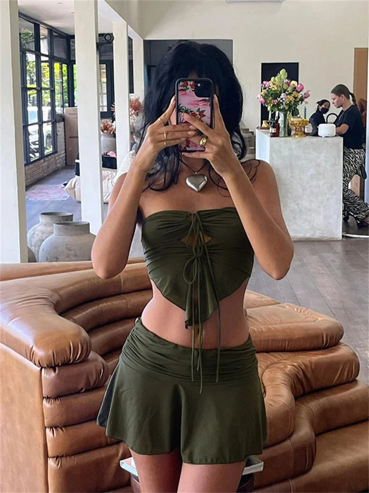 Green Strapless Top Ruched Skirt Two Piece Set