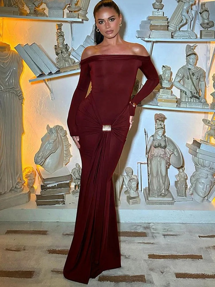 Ruched Ribbon Slim Bodycon Maxi Dress