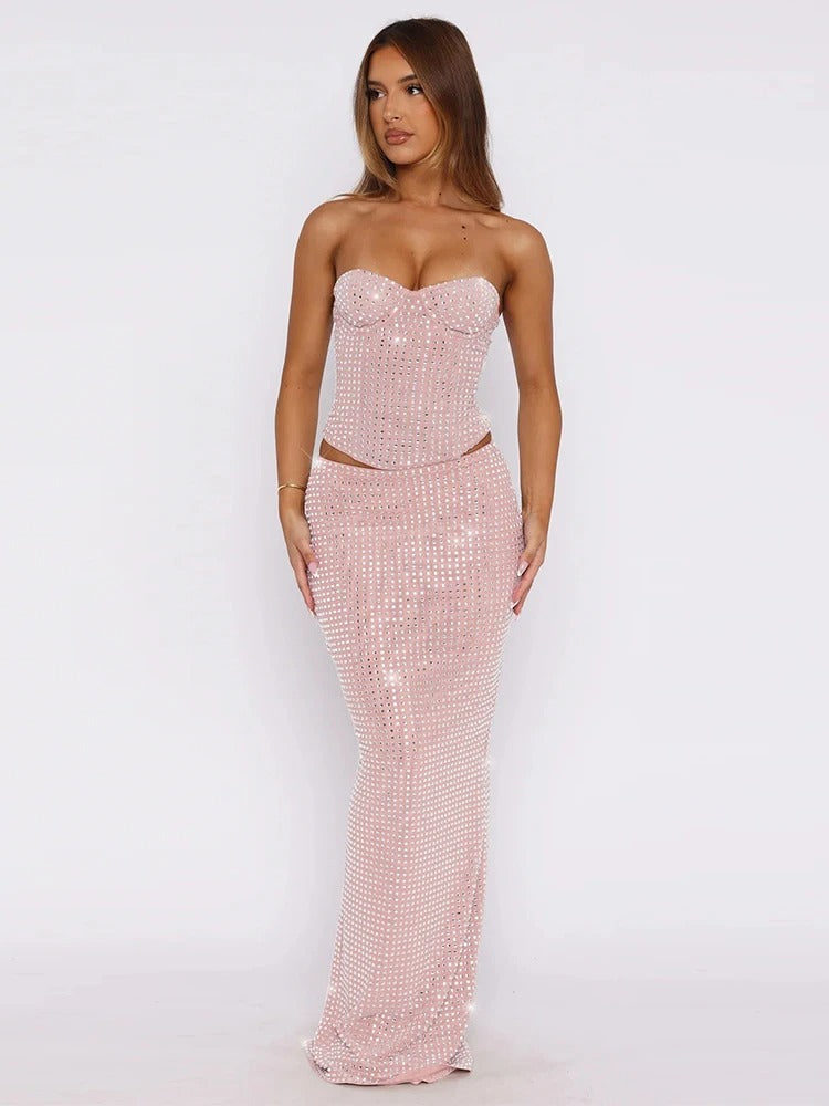 Pink Shiny Strapless Crop Top Maxi Skirt Set
