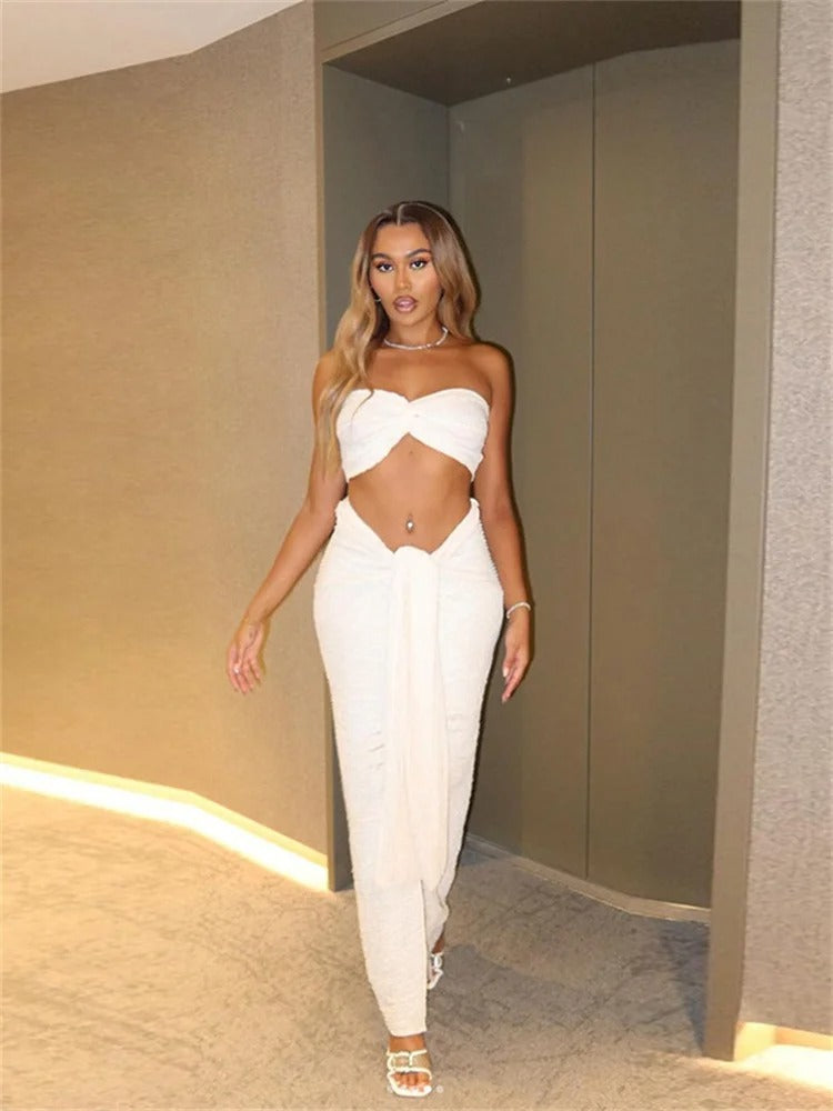 Stacked Folds Two Piece Set Solid Thin Strapless Chest Top Slim Skirt Street Matching Suit