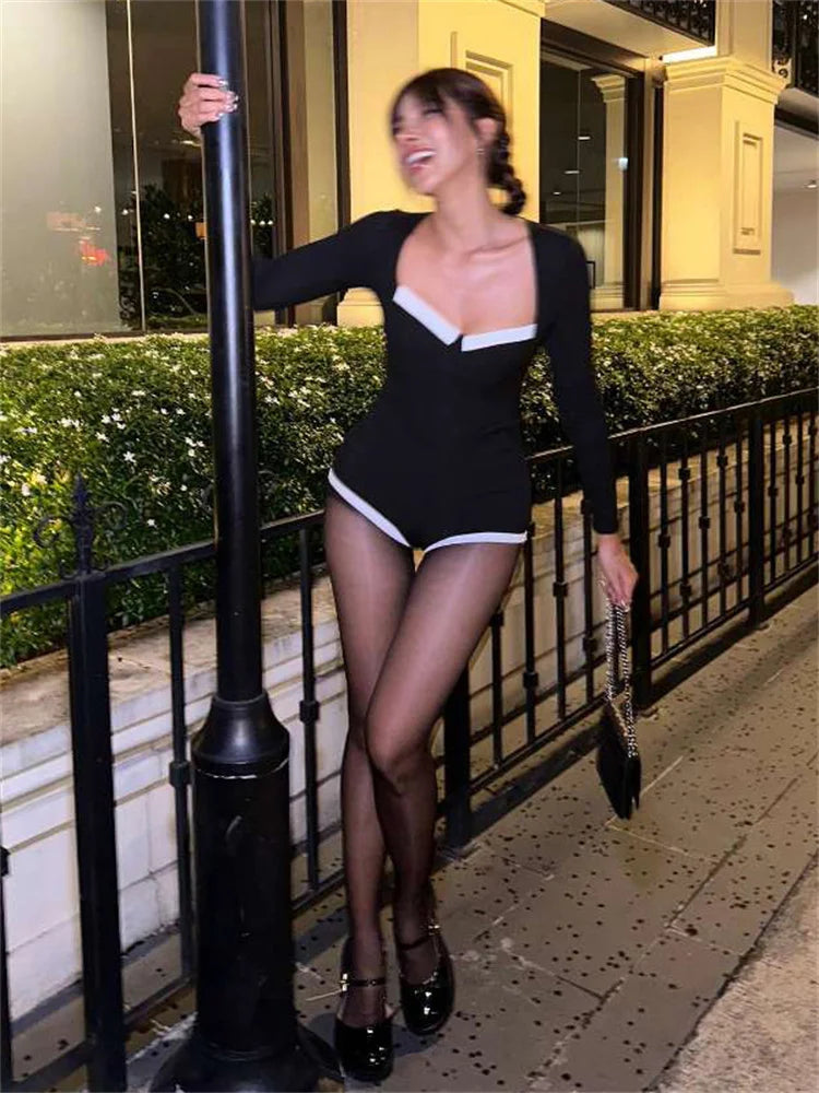 Square Collar Playsuit Fall Patchwork Long Sleeve Stretch Long Sleeve Romper Overalls