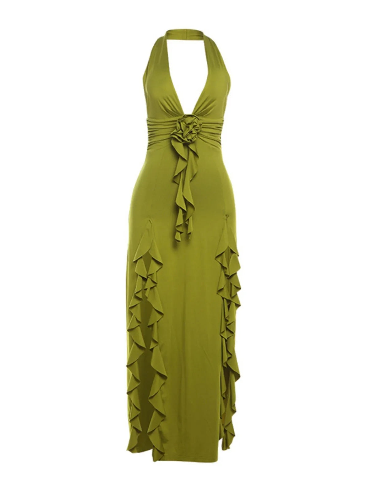 Appliques Tassel Dress Halter Backless Split Ruched Back Ruched Maxi Bodycon