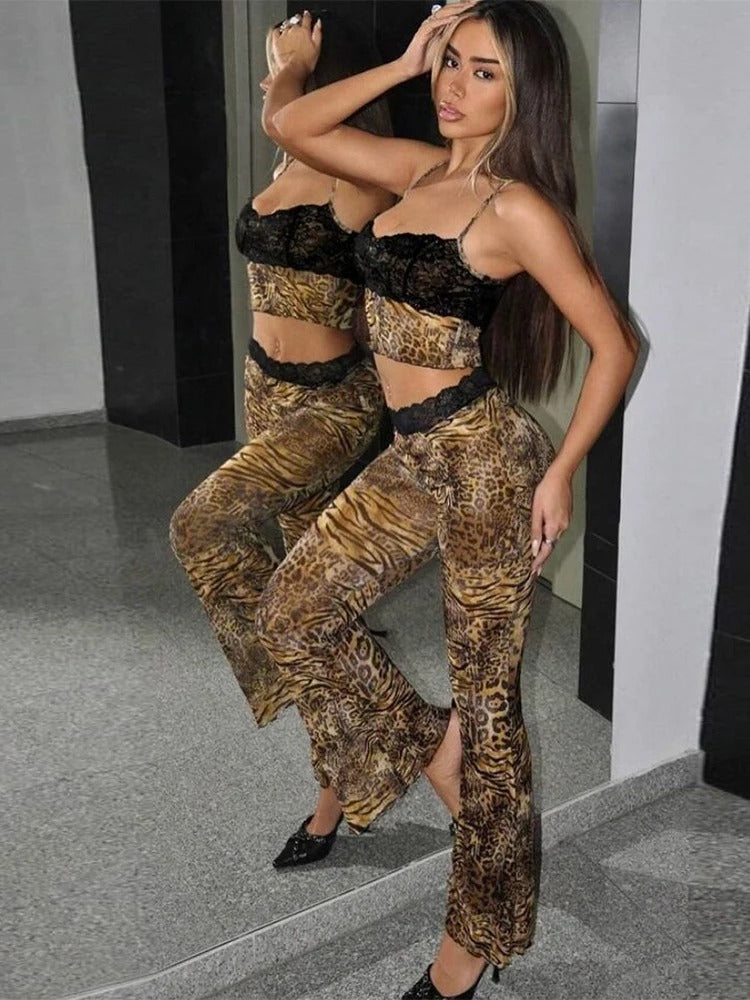 Leopard Mesh Patchwork Top Flare Pants Matching Set