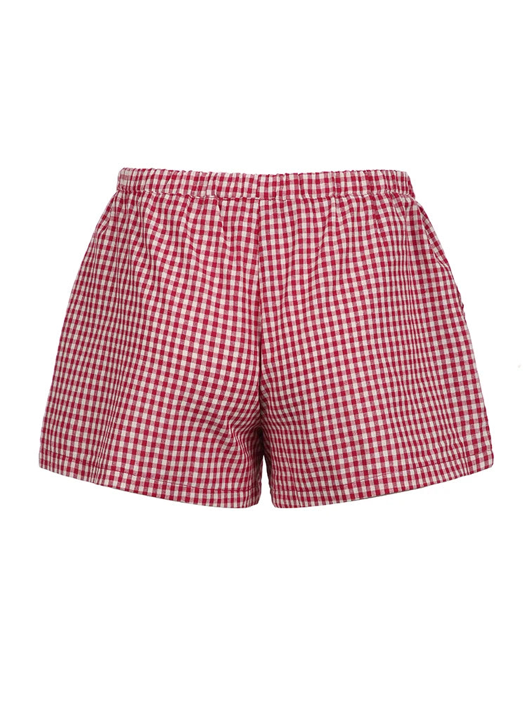 Red Plaid Bow Elastic Waist Shorts