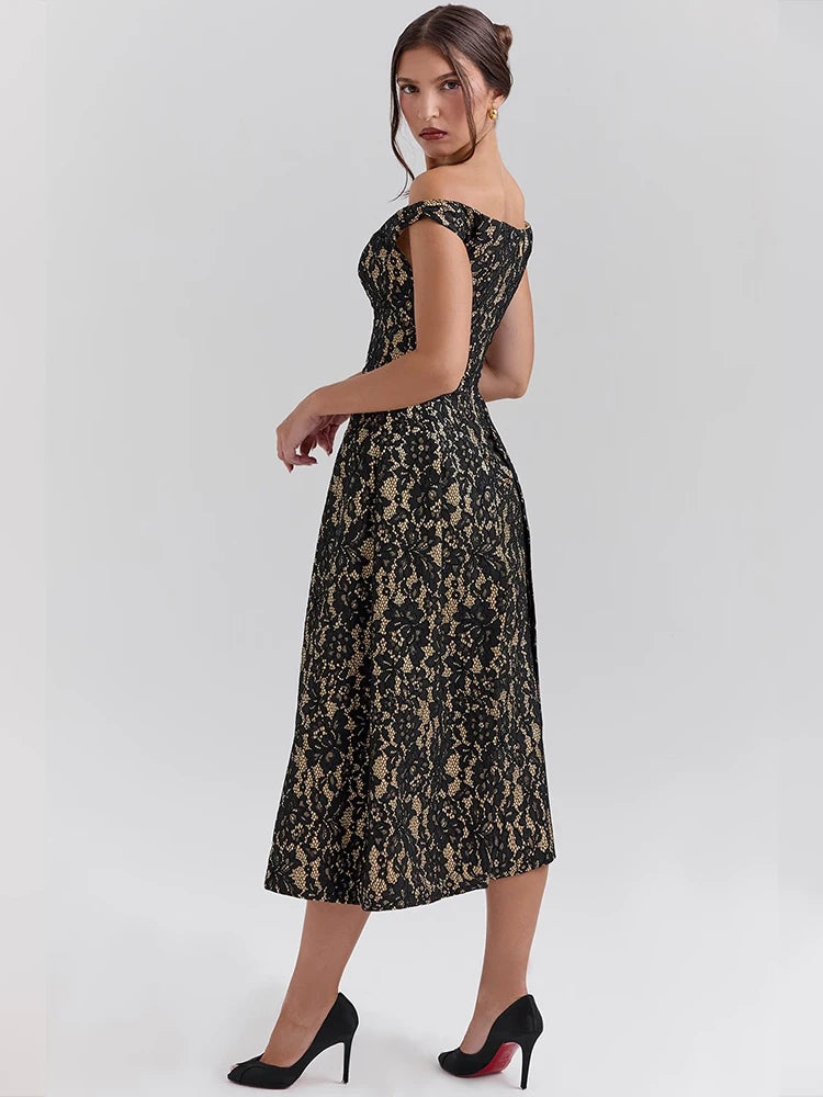 Black Floral Backless Midi Dress