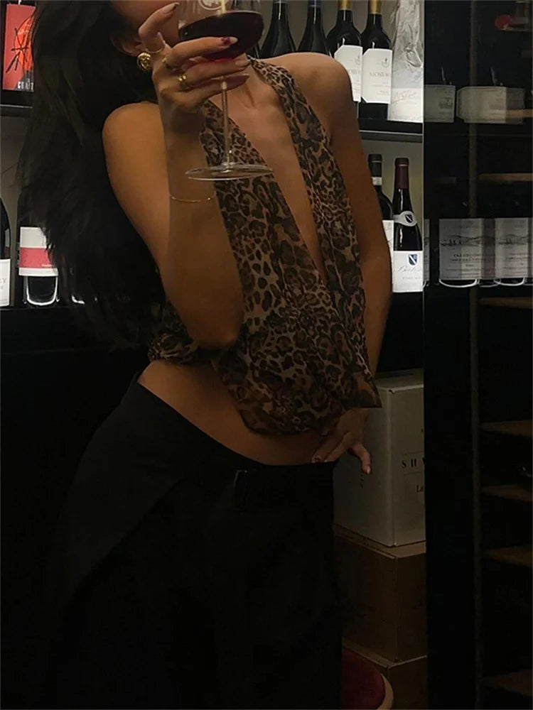 Halter Backless Swing Collar Leopard Top