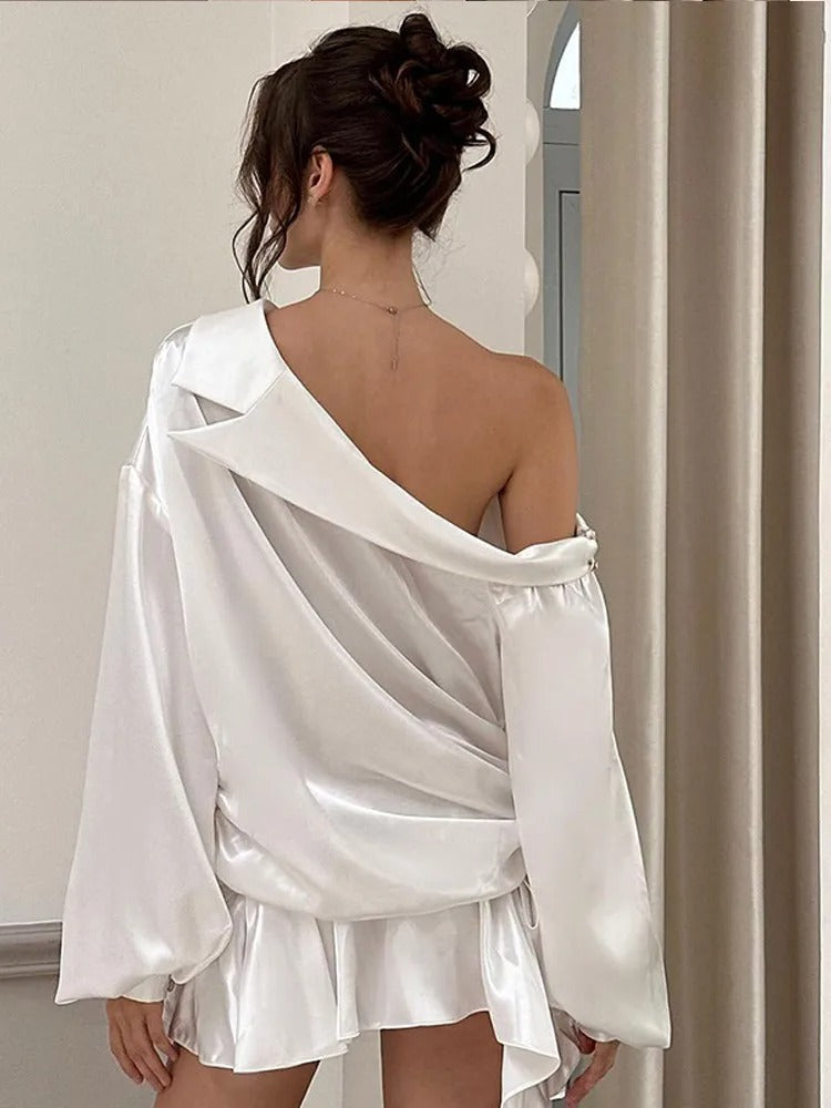 Irregular Satin Dress Diagonal Collar Backless Full Sleeve Ruffle Hem Stretch Mini Bodycon