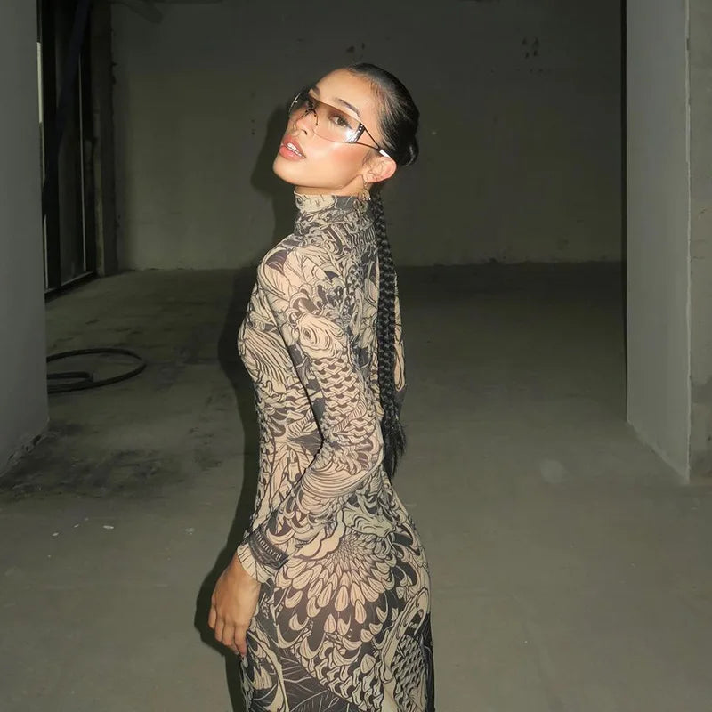 Mesh Maxi Dress Sheer Long Sleeve Stand Neck Thin Bodycon