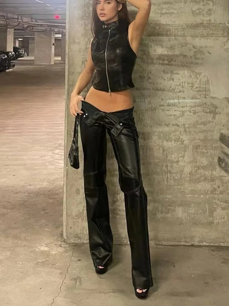 Black Backless Zip Tank Top Turtleneck PU Vest