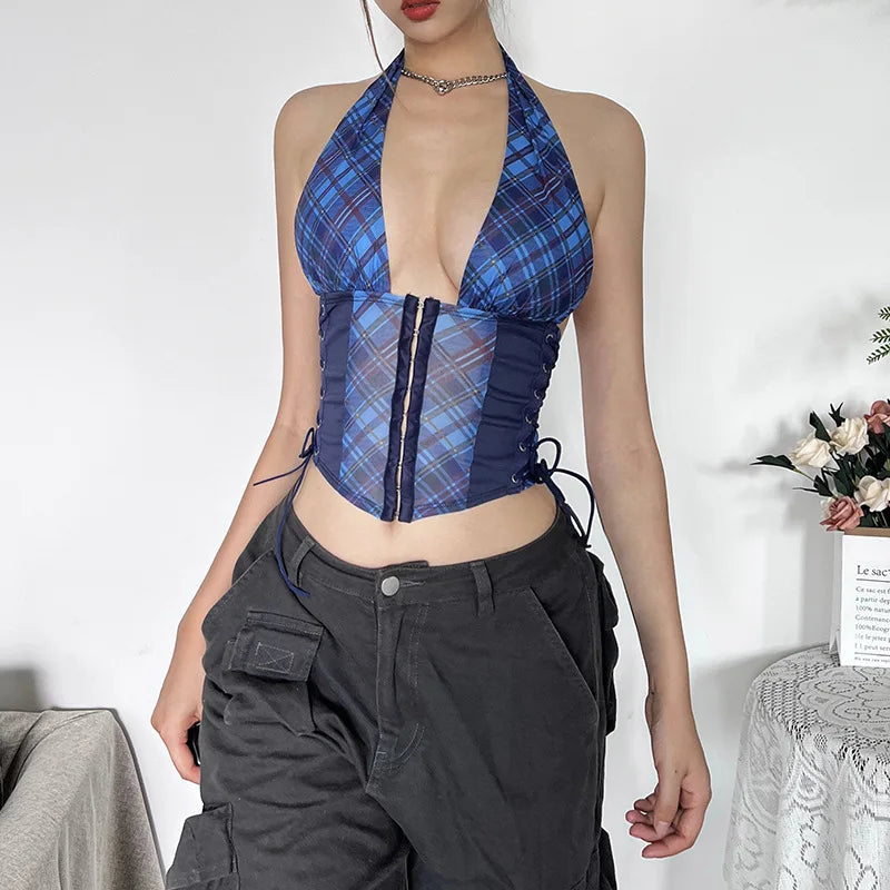 Bandage Button Top Plaid Print Deep V-Neck Halter Wild Hipster