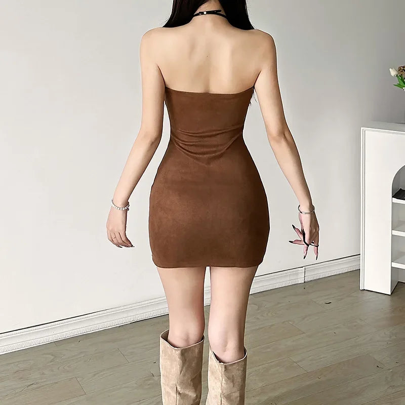 Short Dress Belt Design Bow Off-shoulder Thin Backless Bodycon
