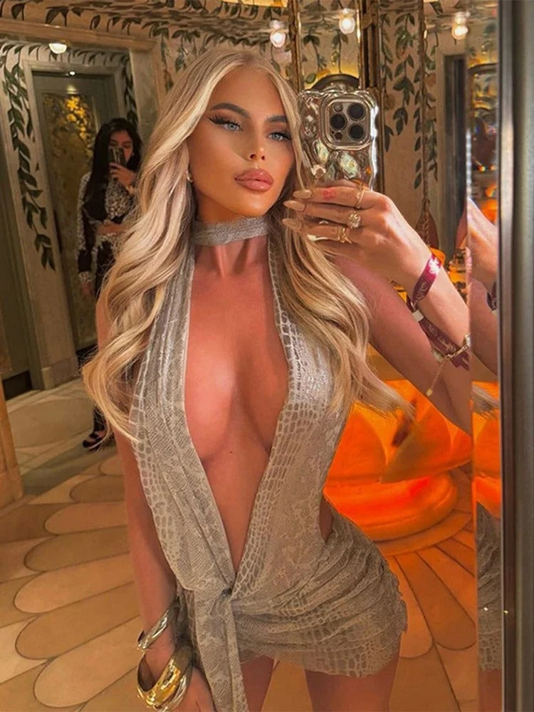 Snake Print Dress See Through Irregular Halter Ruched Backless Ribbon Bodycon