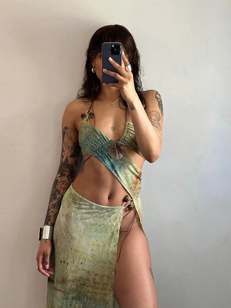 Green Top Split Maxi Skirt Set