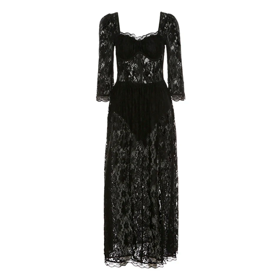 Hollow See-Though Bodycon Lace Long Dress