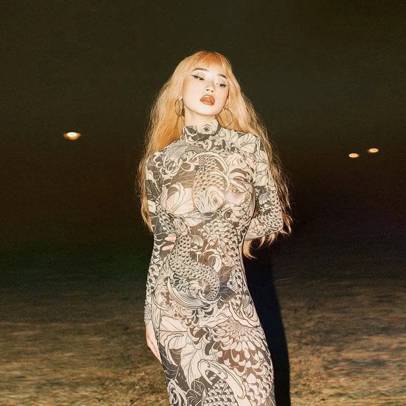 Mesh Maxi Dress Sheer Long Sleeve Stand Neck Thin Bodycon