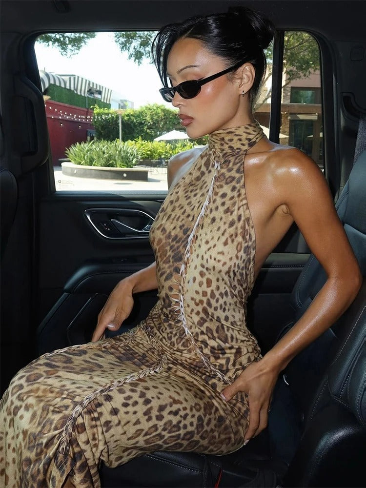 Leopard Backless Slim Bodycon Maxi Dress