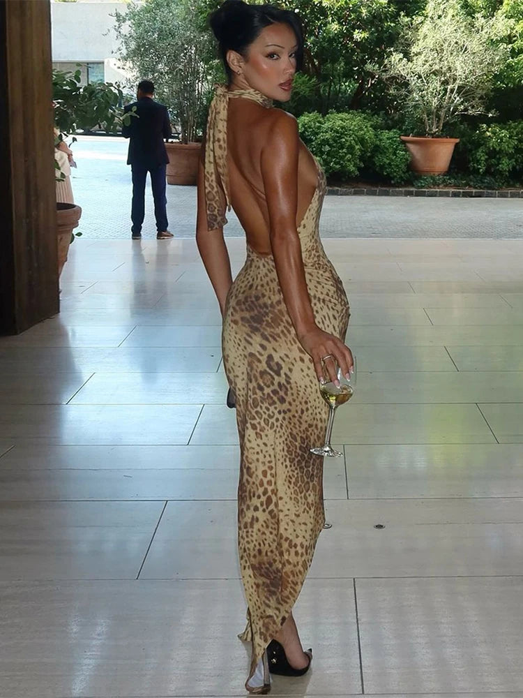 Leopard Backless Slim Bodycon Maxi Dress