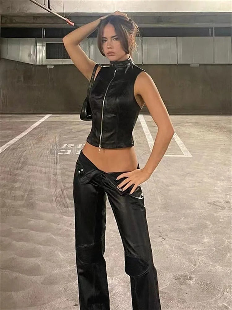 Black Backless Zip Tank Top Turtleneck PU Vest