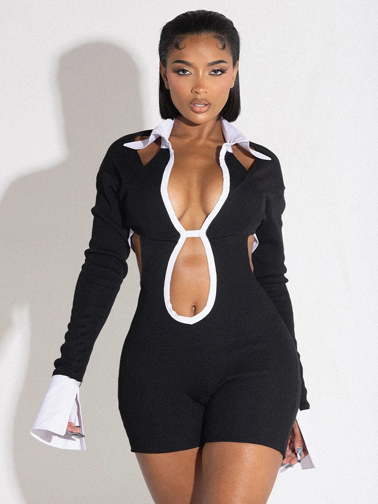 Panelled Hollow Out Playsuits Lapel Deep V-neck Full Sleeve Backless Rompers Street