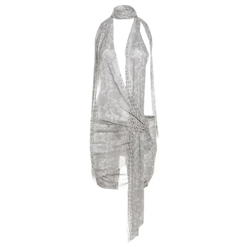 Snake Backless Ruched Mini Dress