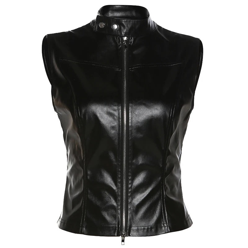 Black Backless Zip Tank Top Turtleneck PU Vest