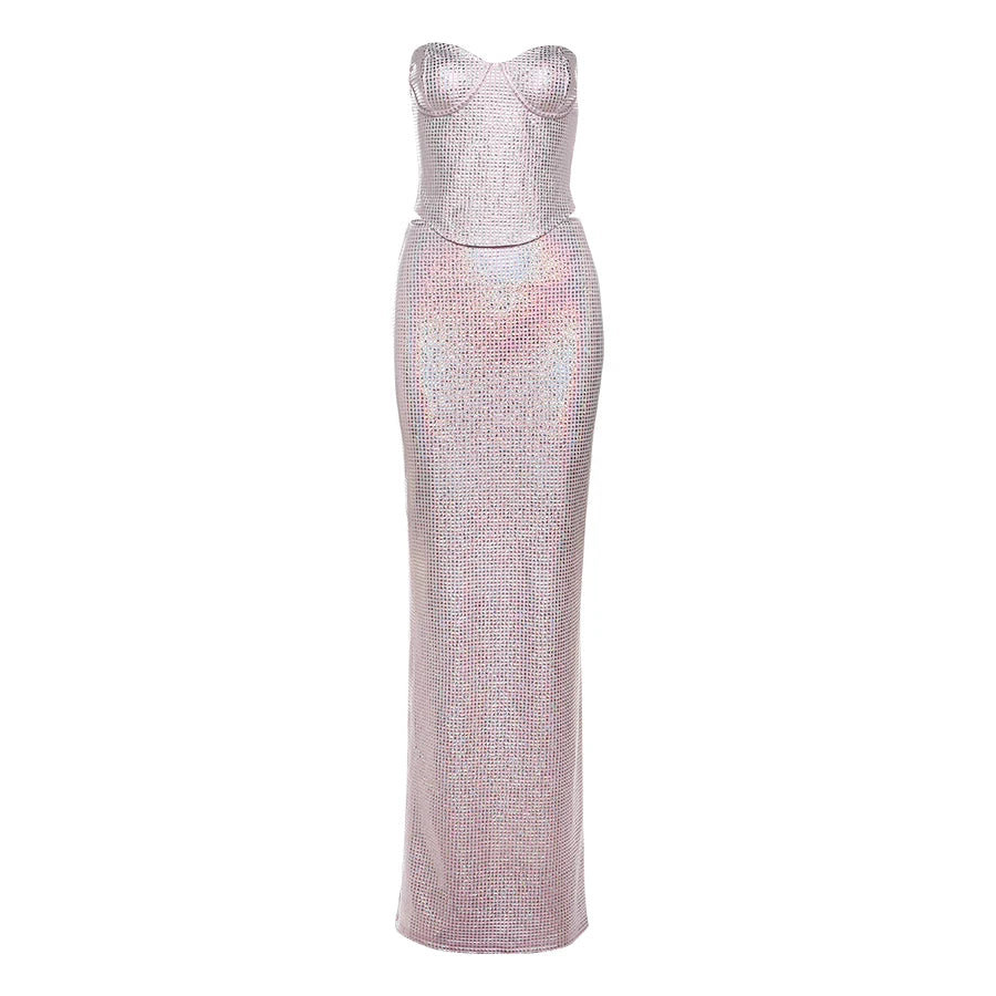 Pink Shiny Strapless Crop Top Maxi Skirt Set