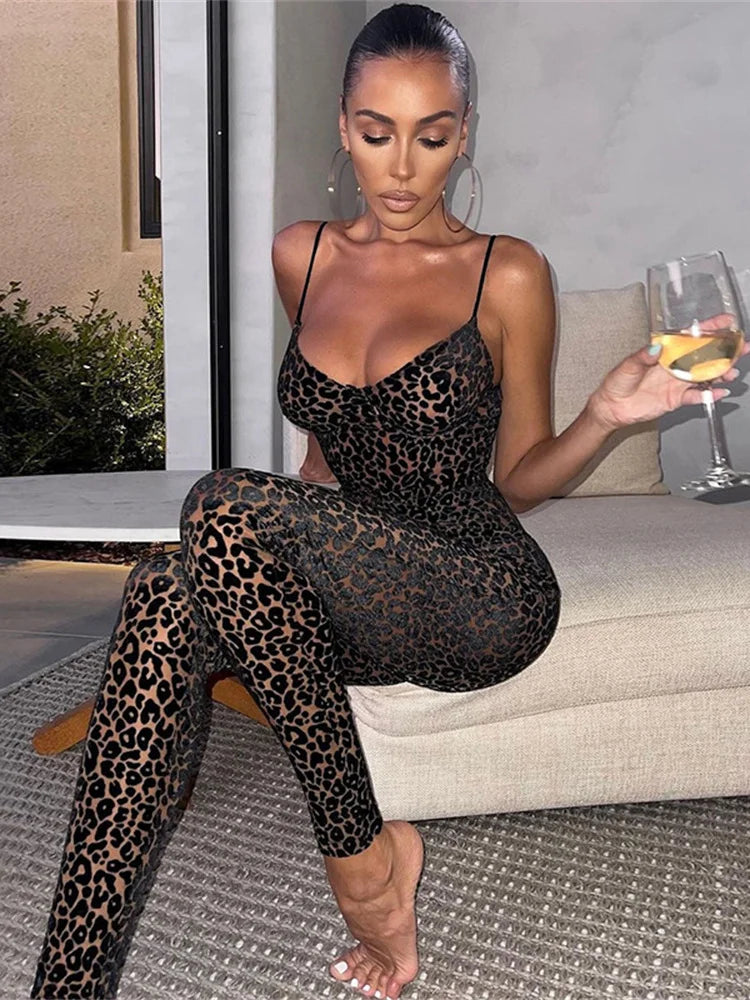 Flocking Mesh Jumpsuit Camis Leopard Patchwork Body-Shaping One Piece Attire