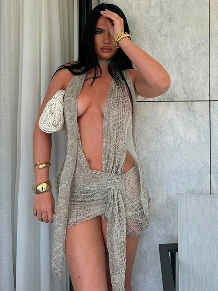 Snake Print Dress See Through Irregular Halter Ruched Backless Ribbon Bodycon