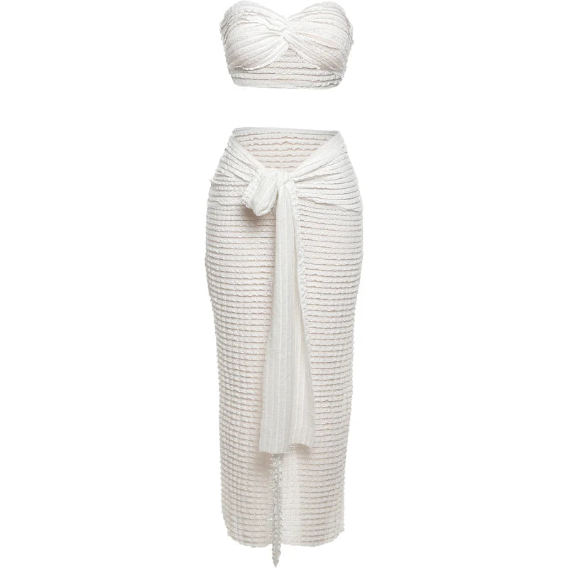Stacked Folds Two Piece Set Solid Thin Strapless Chest Top Slim Skirt Street Matching Suit