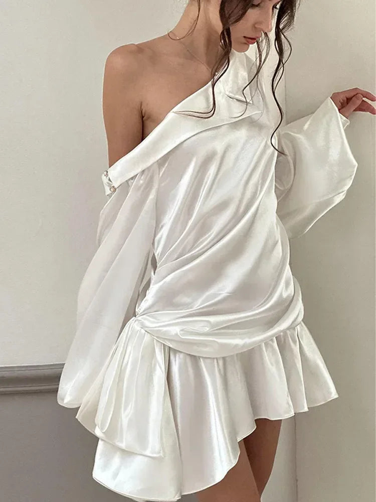 Irregular Satin Dress Diagonal Collar Backless Full Sleeve Ruffle Hem Stretch Mini Bodycon