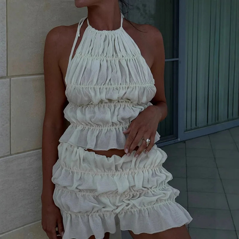 Ruched Two Piece Set Backless Camisole Mini Skirt