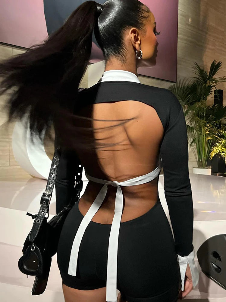 Panelled Hollow Out Playsuits Lapel Deep V-neck Full Sleeve Backless Rompers Street
