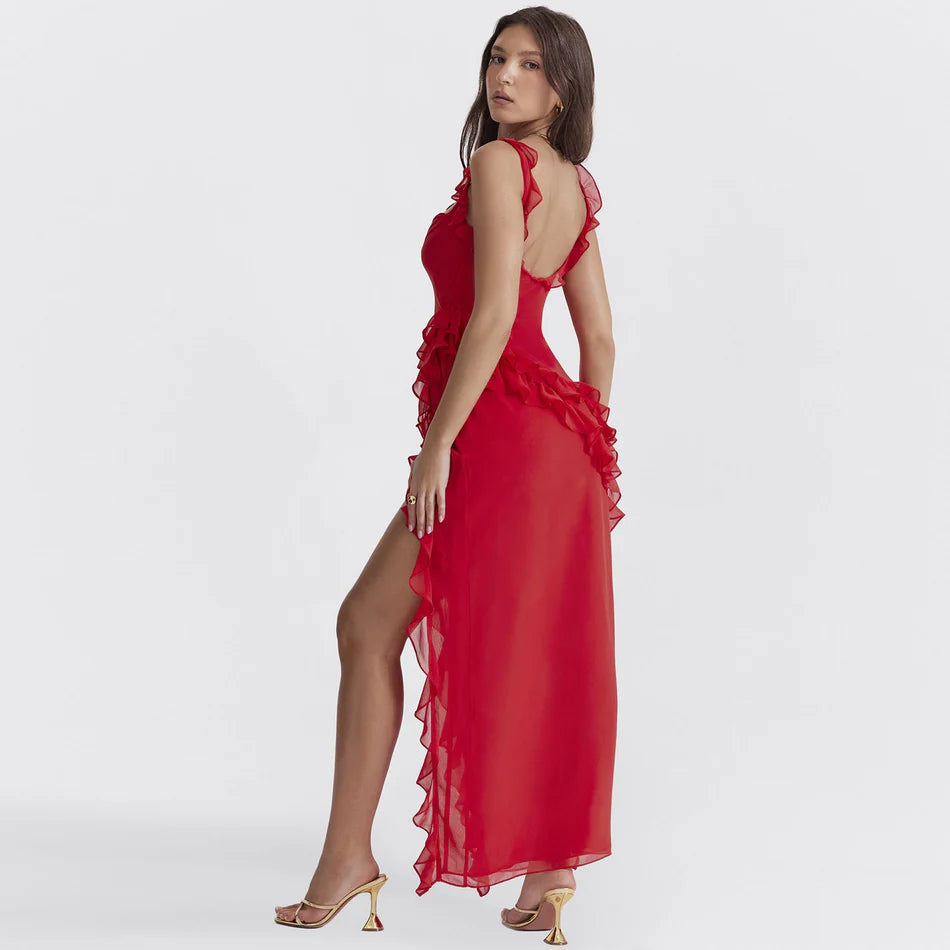 Red Ruffle Split Backless Midi Dress