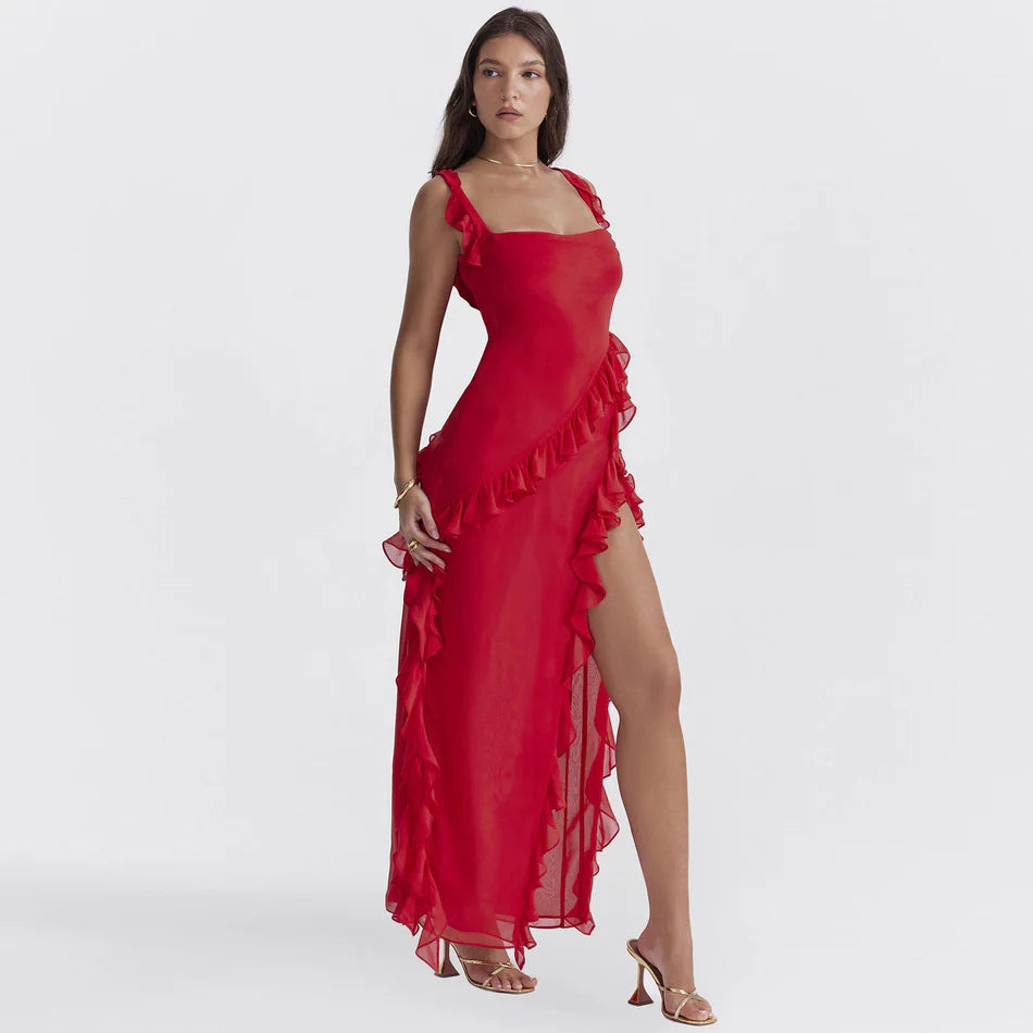 Red Ruffle Split Backless Midi Dress