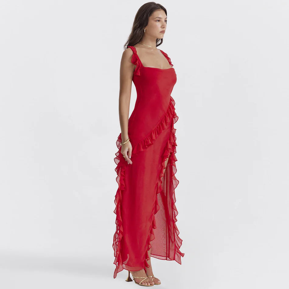 Red Ruffle Split Backless Midi Dress