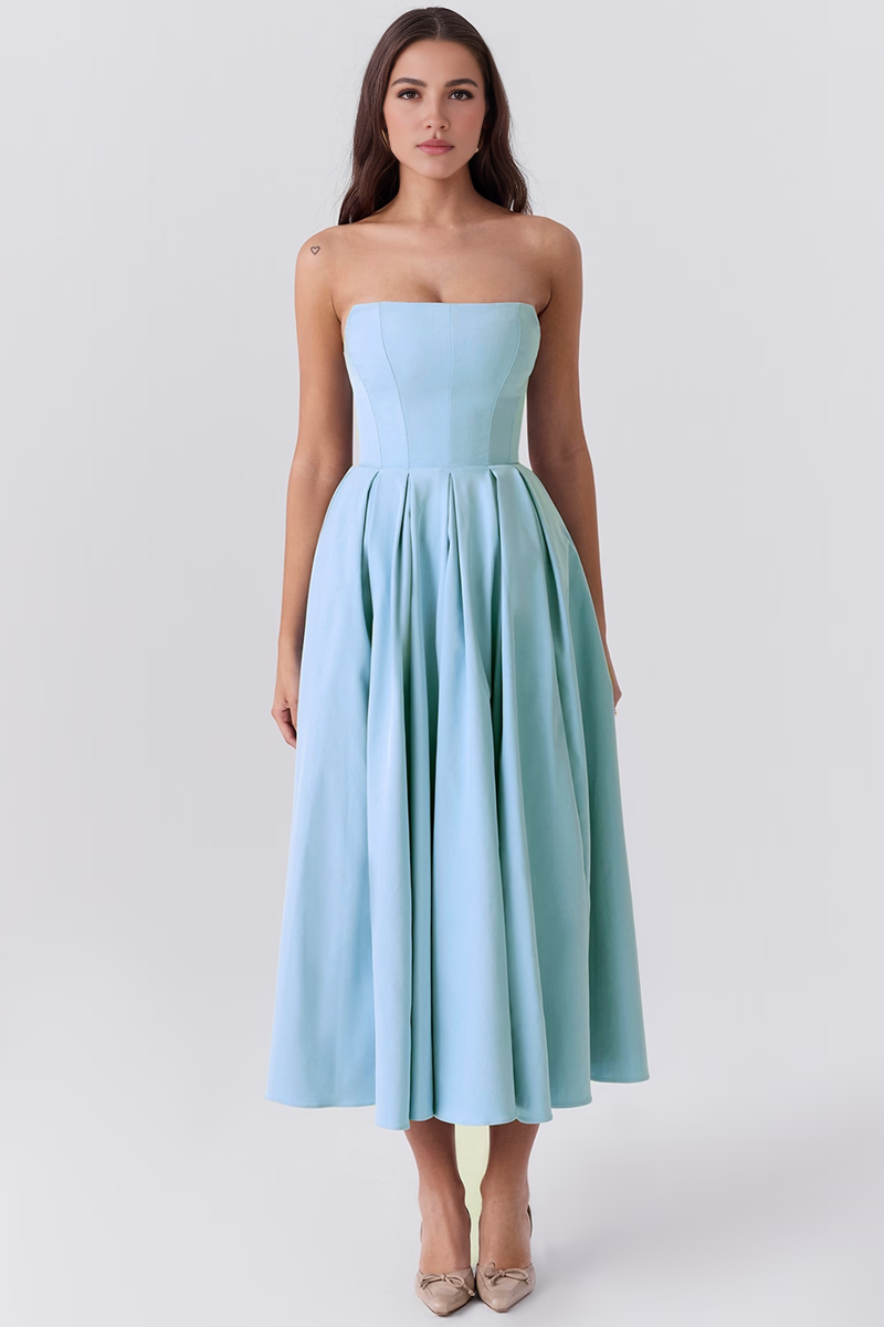 Blue Strapless Bodycon Midi Dress